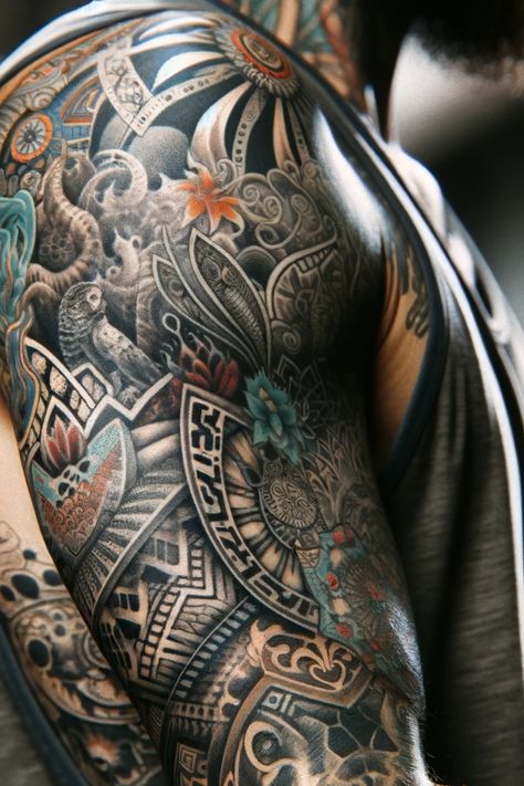 39 Female Sleeve Tattoos The Ultimate Collection That'll Inspire Two Sleeves Tattoo, Black And Grey With Color Tattoo, Sleeve Sketches Tattoo, Full Sleeve Tattoos For Guys Ideas, Color Sleeve Tattoos For Men, Collage Tattoo Sleeve, Color Sleeve Tattoos, Sleeves For Men Tattoos, Nordic Sleeve Tattoo