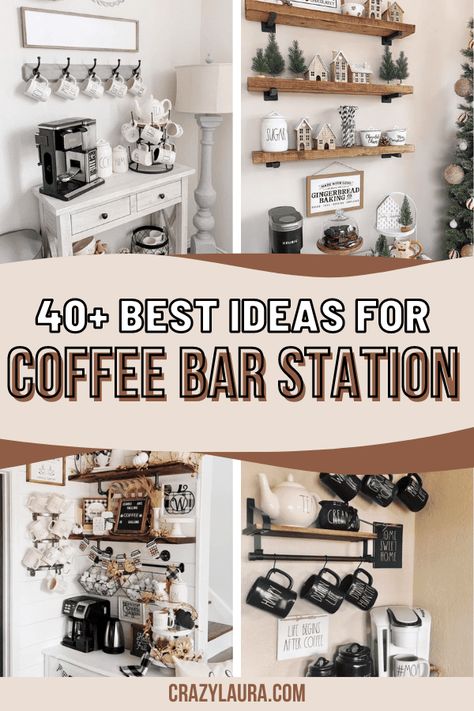 It doesn't matter if you're going for a farmhouse, modern or rae dunn inspired look, these coffee bar ideas and station designs will give you inspiration! #coffeebar #diy Coffee Bar Wall Shelf Ideas, Floating Shelf Coffee Bar Ideas, Coffee Bar Ideas Hanging Cups, Coffee Bar Ideas With Shelves, Coffee Bar Wall Shelves, Coffee Station Wall Ideas, Wall Decor Above Coffee Bar, Floating Shelf Coffee Station, Coffee Bar Collage Wall