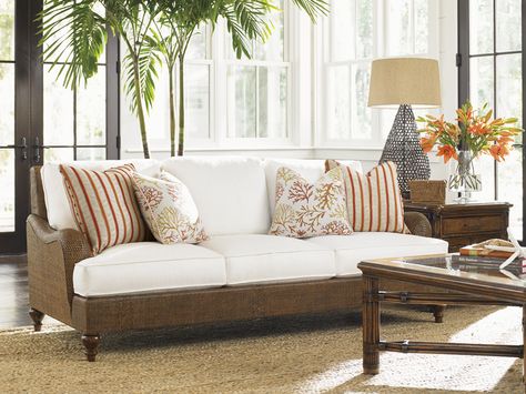 Tommy Bahama Home, "Bali Hai" Harborside Sofa - Lexington Home Brands Living Room Window Decor, Tommy Bahama Living Room, Summer Living Room Decor, Summer Living Room, Modern Contemporary Living Room, Contemporary Living Room Design, Bali Hai, Tommy Bahama Home, Comfy Living Room