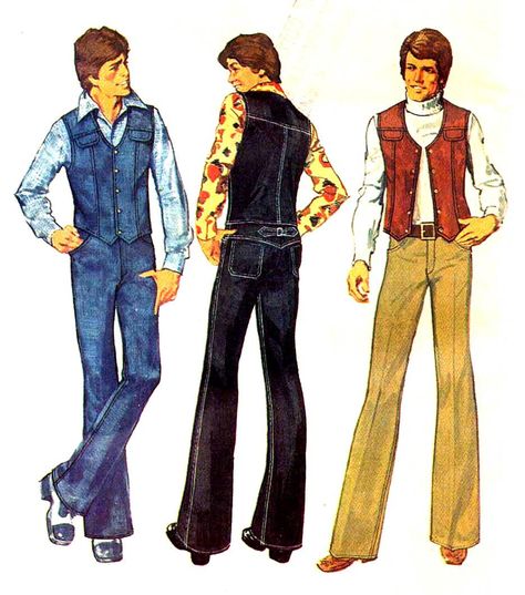 Early 70s Fashion, Disco Jeans, 60s Mens Fashion, Mens Sewing, 70s Fashion Men, Vest Sewing, 70s Inspired Outfits, Fitted Vest, Vest Sewing Pattern