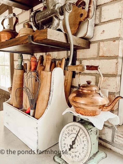 Vintage Wooden Toolbox Decorating Ideas, Toolbox Decor, Vintage Scale Decor, Vintage Rolling Pins, Rolling Pin Display, Antique Kitchen Utensils, Decorating Above Kitchen Cabinets, Antique Crocks, Eclectic Farmhouse