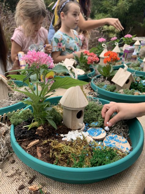 Fairy Garden Ideas Preschool, Classroom Fairy Garden, Fairy Garden Party Activities, Outdoor Fairy Garden Party, Preschool Fairy Garden, Kids Fairy Garden Ideas, September Garden Party, Toddler Fairy Garden, Kids Fairy Garden Party