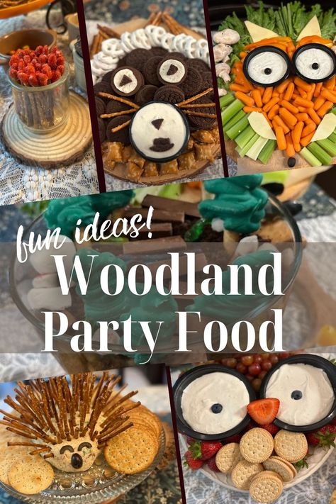 Woodland themed birthday party food ideas on a budget! Make all these cute creatures for less than $125! by shopping at Aldi! Animal Appetizers Parties Food, Porcupine Cheeseball Woodland Party, Woodland Veggie Tray Ideas, Fox Veggie Tray, Deer Party Food, Forest Themed Food Ideas, Wolf Themed Snacks, Woodland Fairy Party Food, Forest Theme Party Food