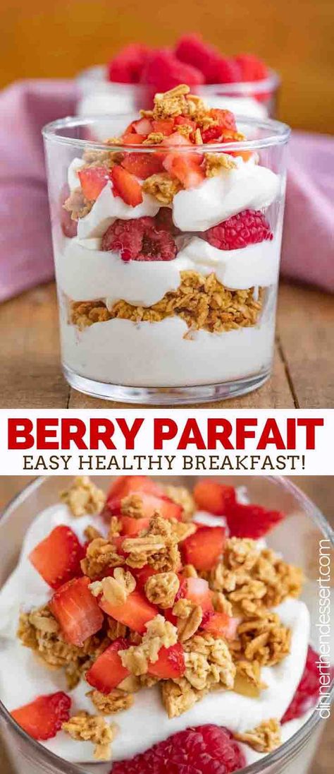 Yogurt Parfait is an incredibly EASY healthy breakfast made from layers of sweet vanilla yogurt, berries, granola and honey, ready in only a few minutes! #makeahead #healthy #parfait #yogurt #recipe #breakfast #easy #diy #granola #strawberry #dinnerthendessert Diy Granola, Dessert Yogurt, Healthy Parfait, Yogurt Berries, Yogurt Parfait Recipe, Desayuno Keto, Berry Parfait, Healthy Brunch Recipes, Parfait Breakfast