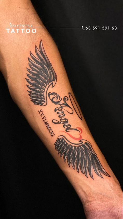 tattoo Angel Wings Tattoo For Men Forearm, Angle Wing Tattoos Men Forearm, Name With Angel Wings Tattoo, Rip Name Tattoos, Angel Wings With Name Tattoo, Name Tattoos Designs, Angel Wings Tattoo Forearm, Angle Wing Tattoos, Tattoo Name Ideas