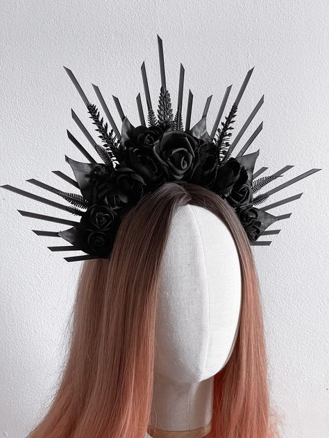 Black Floral Headpiece, Halloween Flower Crown, Diy Halo Crown, Goth Veil, Persephone Crown, Black Headdress, Zip Tie Crown, Halloween Headdress, Skull Headpiece