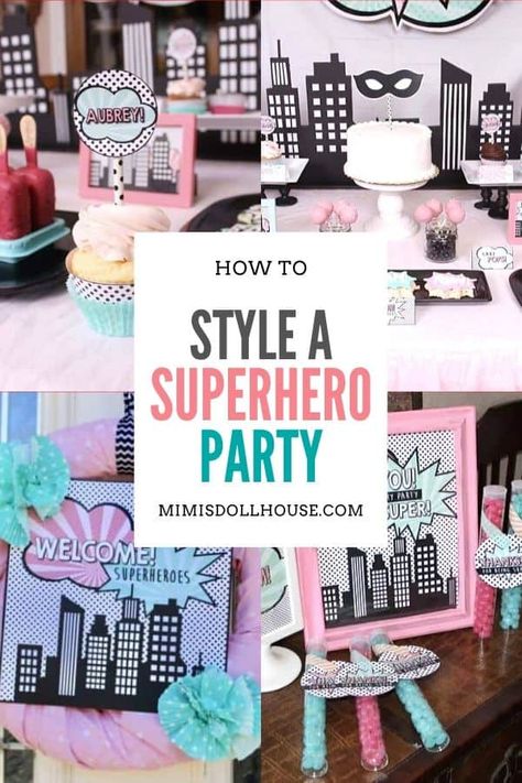 Amazing Superhero party ideas for girls!It's a Girl Superhero Birthday Party...  Do you have a girl who LOVES superheroes?  Celebrate her birthday superhero style.   Today I'm sharing my daughter's 9th girly superhero birthday party!! Looking for Superhero Party dessert ideas?  Be sure to also check out this Spiderman Party, super hero party, and these ideas for a superhero party. Girl Super Hero Birthday Party Ideas, Girly Superhero Birthday Party, Girl Spider Man Birthday Party, Girls Spiderman Birthday Party, Girl Spiderman Party, Super Hero Girls Birthday Party, Spidergirl Birthday Party, Girls Superhero Birthday Party, Girls Superhero Party