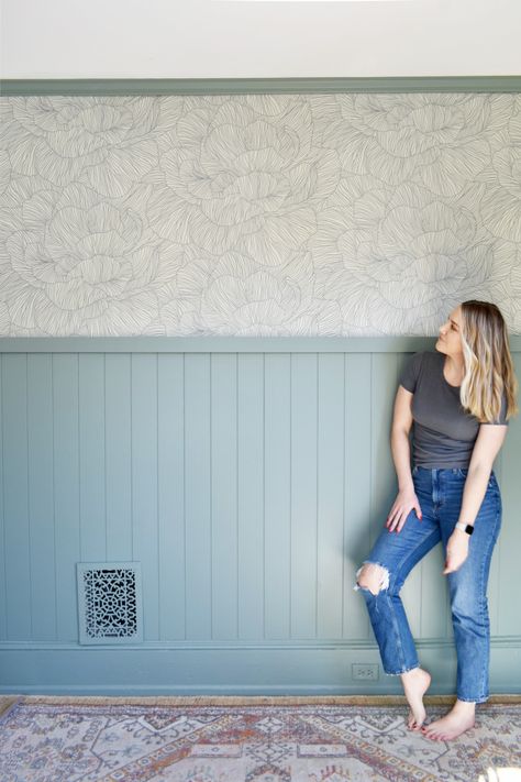 Shiplap Panel and Wallpaper Accent Wall – KP HOME RENO Entrance Wallpaper Farmhouse, Shiplap Wall And Wallpaper, Wall Paneling And Wallpaper Ideas, Panelling Over Wallpaper, Wallpaper Over Shiplap, Laundry Room Ideas Wallpaper Accent Wall, Accent Wall Ideas Bedroom Shiplap, Panel Wall Remodel, Panelled Wall With Wallpaper