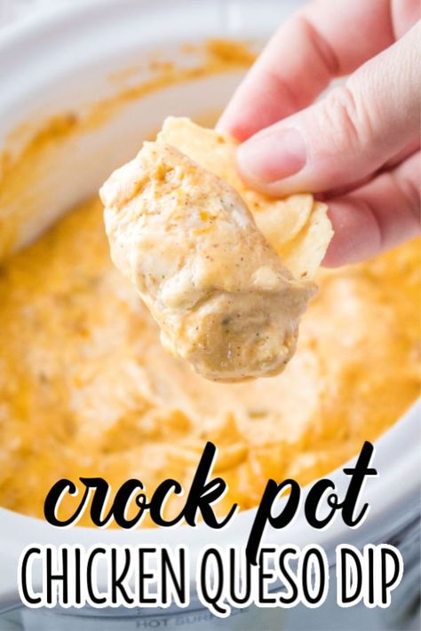 Mexican Dip In Crock Pot, Buffalo Chicken Queso Dip, Chicken Dip With Cream Of Chicken Soup, Crock Pot Chicken Appetizers, Chicken Velveeta Dip, Crockpot Dips For Football, Crockpot Chicken Dips For Parties, Shredded Chicken Queso, Chicken And Cheese Dip