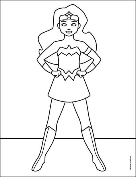 Superhero Women Drawing, Superhero Simple Drawing, Superhero Easy Drawing, Wonder Woman Drawing Easy, Easy Superhero Drawings, Superhero Drawings Easy, Drawing Superheroes Sketches, Superwoman Art, Draw Wonder Woman