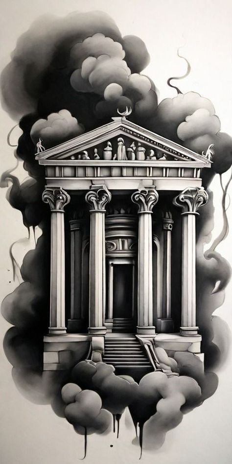 ROMAN TEMPLE TATTOO DESIGN Greek Temple Tattoo, Temple Tattoo Design, Building Tattoo, Greek Mythology Statue, Greek God Tattoo, Drawings With Meaning, Roman Tattoo, Red Tattoo Ideas, Roman Temple