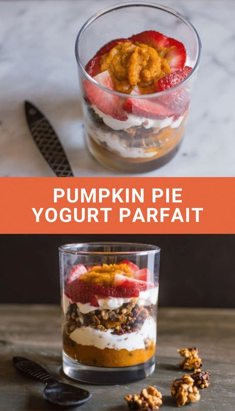 This delicious yogurt parfait is filled with pumpkin pie flavors. Yes, we can have pumpkin pie for breakfast! Want in on a secret? I eat pumpkin pie year-round. #pumpkinpie #yogurtparfait #parfaitrecipes Greek Yogurt Parfait Recipes, Pumpkin Pie Yogurt, Breakfast Parfait Recipes, Pumpkin Parfait, Healthy Parfait, Pumpkin Yogurt, Pumpkin Breakfast Recipes, Yogurt Parfait Recipe, Healthy Pumpkin Pie