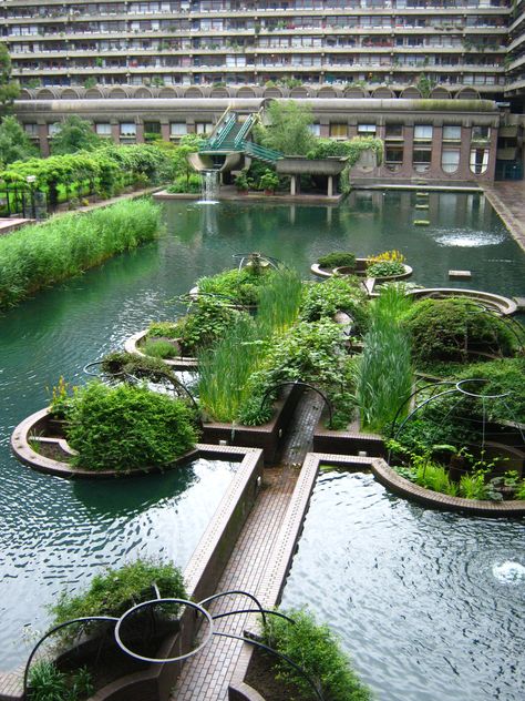 Artificial lake in the Barbican Complex. The Barbican, Artificial Lake, Sunken Garden, Architecture Magazines, Landscape Architecture Design, Brutalist Architecture, Lake Landscape, Garden Pool, Green Landscape