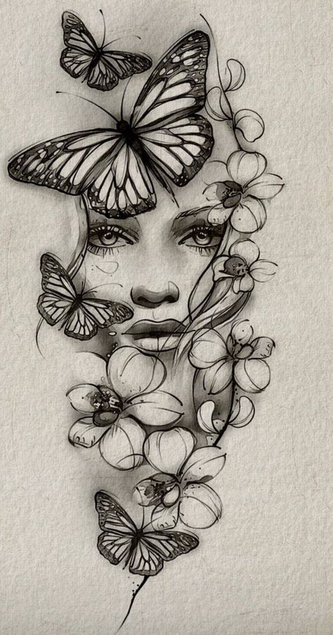 Alpha Woman Tattoo, Thigh Tattoos Women Drawing, Womans Leg Tattoo Ideas, Unique Quarter Sleeve Tattoos For Women, Face With Butterfly Tattoo, Woman Face Tattoo Design Drawings, Unique Half Sleeve Tattoos For Women Lower Arm, Stencil Tattoo Ideas For Women, Butterfly Woman Tattoo