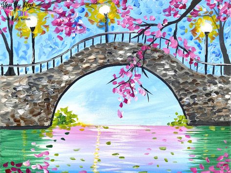 "Cherry Blossom Bridge" Members Tutorial For April 2021 - Step By Step Painting With Tracie Kiernan Bridge Painting, Cubism Art, Acrylic Painting Lessons, Create Canvas, Summer Painting, Canvas Painting Designs, Art Painting Gallery, Canvas Painting Diy, Spring Painting