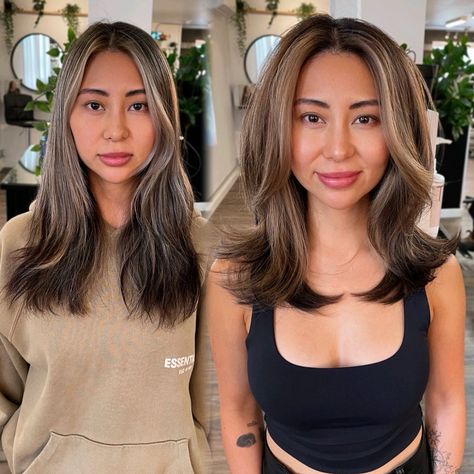 Flat Hair Transformation using Rounded Layers Modern Rachel Haircut, Rachel Haircut, Rachel Hair, Long Sleek Hair, Face Framing Hair, Mom Hairstyles, Flat Hair, Round Face Haircuts, Haircuts For Medium Hair