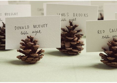 Life as a Thrifter: 10 Ways to Use a Pinecone Wedding Reception Decorations On A Budget, Autumn Wedding Food, Diy Table Numbers, Place Holders, Rustic Table Setting, Unique Wedding Receptions, Diy Pinecone, Thanksgiving Place Cards, Budget Friendly Wedding