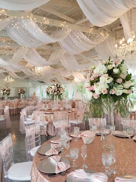 Quince Chair, Pink Quinceanera Decorations, 15 Party Ideas Quinceanera, Pink Quince Theme, Quinceanera Venue, Rose Gold Quince, Rose Gold Quinceanera, Ceiling Drapes, Quince Decor