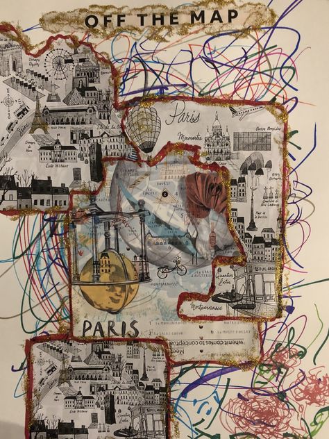 Map Abstract Art, Architecture Mind Map Art, Collage Mind Map, Paris Collage Art, A Level Art Collage, Mind Maps Ideas Creative, Psychogeography Map, Map Collage Art, City Collage Architecture