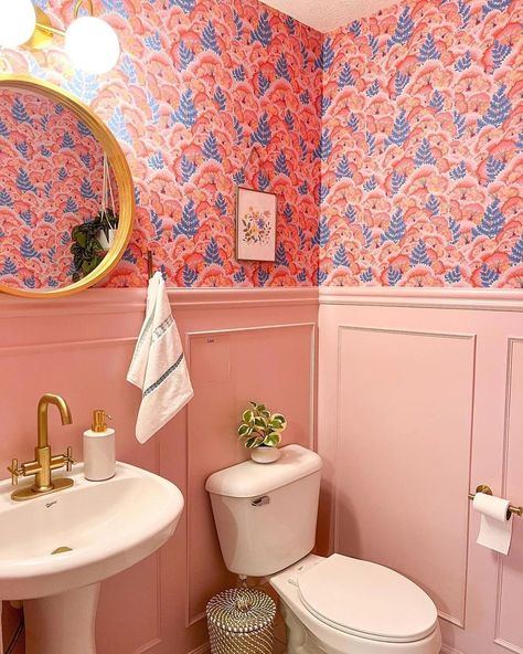 Pink And Yellow Bathroom Decor, Colorful Cottage Bathroom, Pink Half Bath, Pink Wallpaper Bathroom, Perth House, Poppies Wallpaper, Bathroom Budget, Windowless Bathroom, Dark Hole