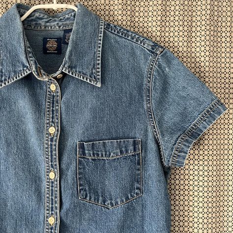 Blue denim button down shirt, short sleeves. Vintage... - Depop Denim Short Sleeve Shirt Outfit, Short Sleeve Denim Shirt Outfit, Short Sleeve Shirt Outfit, Denim Short Sleeve Shirt, Sleeve Shirt Outfit, Denim Button Down Shirt, Boat Cruise, Denim Button Down, Denim Short