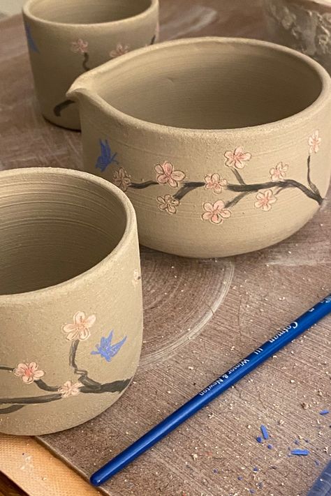 Cherry Blossom Pottery, Cherry Blossom Ceramic, Cherry Blossom Vase, Moon Jar, Pottery Painting Designs, Almond Blossom, Ceramics Ideas, Winter Wood, Pottery Handmade