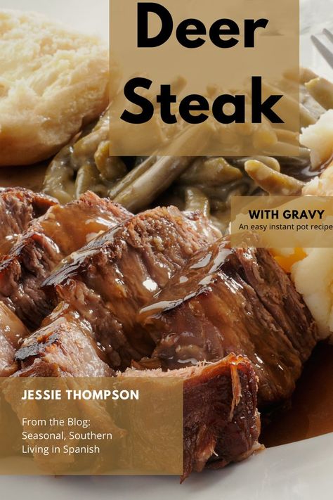 Deer Tips And Gravy, Deer Steak Instant Pot, Venison And Gravy, Venison Round Steak Recipes Instant Pot, Deer Steak And Gravy Recipe, Deer Meat Instant Pot Recipes, Deer Steak Recipes Crockpot, Deer Steaks, Deer Steak Recipes