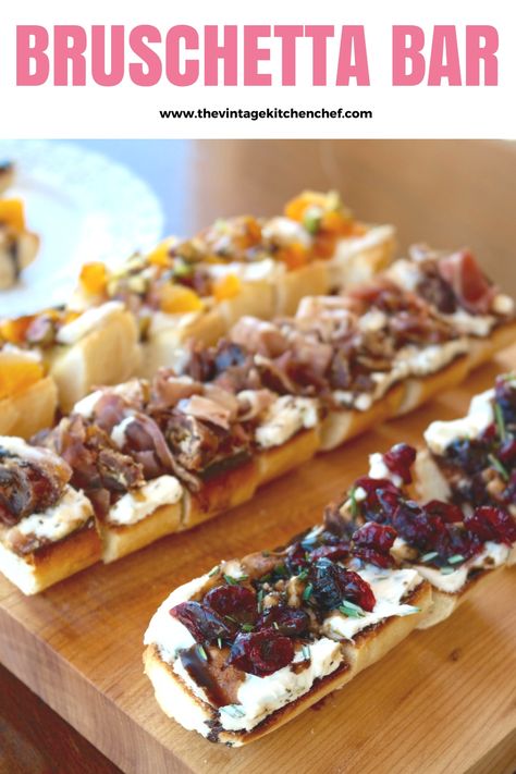 How to create your own bruschetta bar. Party Appetizer Sandwiches, Bruschetta Wedding Appetizer, How To Serve Bruschetta, Bruschetta Bar Build Your Own, Bruschetta Board Recipe, Wine Bar Appetizers, What To Serve With Bruschetta, Appetizer Recipes Bruschetta, Build Your Own Bruschetta Bar