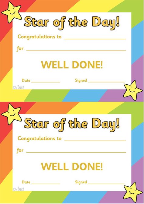 Twinkl Resources >> Star of the Day A4 Poster  >> Classroom printables for Pre-School, Kindergarten, Elementary School and beyond! Awards, Certificates, Posters, Signs and Labels Star Of The Day Poster Ideas, Funny Certificates, Preschool Certificates, Classroom Awards, Congratulations Photos, Student Certificates, Student Of The Week, Student Of The Month, Poster Classroom