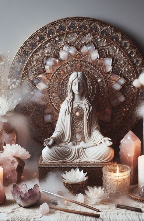 Spiritual Room Decor Ideas, Crystal Meditation Aesthetic, Conscious Living Aesthetic, Home Altar Ideas Spiritual, Tarot Room Decor, Zen Decorating Ideas, Crystal Altar Ideas, Chakra Aesthetic, Moon Goddess Aesthetic