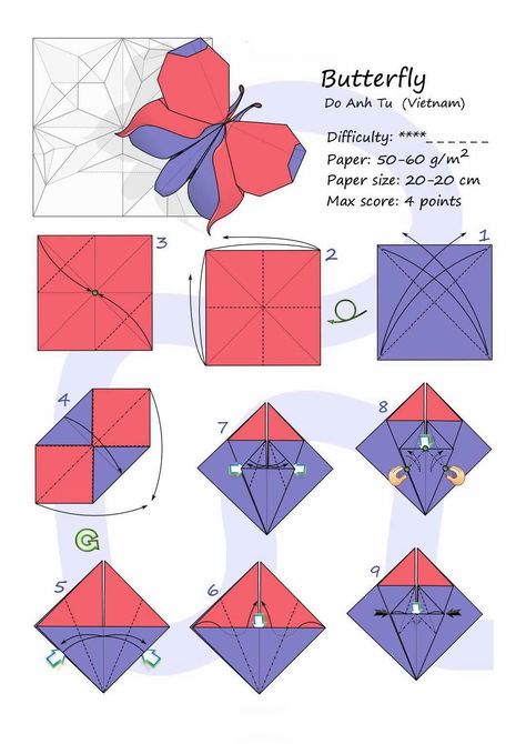 Ruby Book Origami: Diagram Butterfly-Do Anh Tu Origami Butterflies, 3d Origami Tutorial, Hanging Craft Ideas, Origami Diagrams, Origami Models, Cute Origami, Origami Patterns, Hanging Craft, Instruções Origami