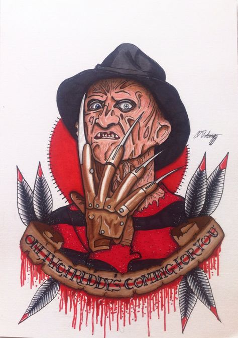 Freddy Krueger. A design I did using promarker pens. Prints available soon Freddy Krueger Traditional Tattoo, Freddy Krueger Coloring Pages, Freddy Krueger Illustration, Freddy Krueger Art Drawing, Freddy Krueger Tattoo Stencil, Freddie Kruger Tattoo, Freddy Krueger Drawing Easy, Freddy Kruger Art, Freddy Krueger Painting