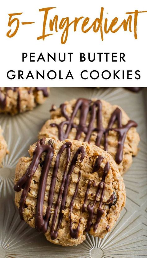 Cookies with peanut butter and granola? Yes, please. These peanut butter granola cookies are super easy to whip up and require only 5 ingredients! Vegan + gluten-free. #vegan #glutenfree #peanutbuttercookies #chocolate Cookies Snickerdoodle, Cookies With Peanut Butter, Granola Cookies, Peanut Butter Granola, Snickerdoodle Cookies, Peanut Butter Recipes, Cereal Recipes, 5 Ingredient, Cookies Ingredients