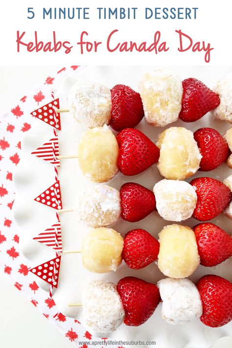 make these 5 Minute Dessert Kebabs, using just 2 ingredients! Canada Day Desserts, Strawberry Kabobs, 5 Minute Desserts, Canadian Party, Canada Party, Canada Day Crafts, Canada Day Party, Maple Leaf Cookies, Canada Food