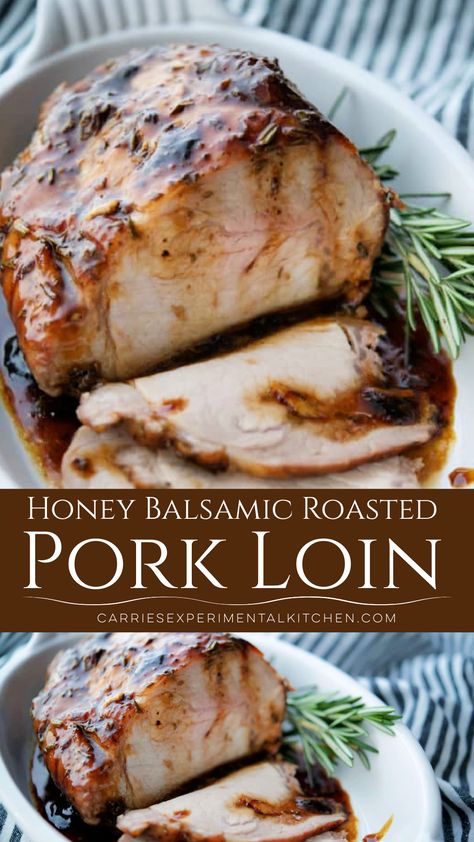 Boneless center cut pork loin topped with honey, fresh rosemary and a balsamic glaze; then roasted until tender and juicy. #pork #glutenfree Pork Top Loin Boneless Whole, Pork Loin Center Cut Roast Boneless, Gluten Free Pork Loin Recipes, Italian Pork Loin Recipes, Honey Balsamic Pork Tenderloin, Small Pork Loin Recipes Oven, Pork Prime Roast Boneless, Center Pork Loin Recipes, Boneless Pork Sirloin Roast Recipes