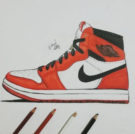 "Air Jordan 1 Retro Chicago" colored pencil drawing by me (2015) Adidas Superstar Drawing, Air Jordan Drawing, Jordan 1 Drawing, Jordan Drawing, Nike Drawing, Nike Tattoo, Diy Drawings, Jordan Painting, Sneakers Illustration