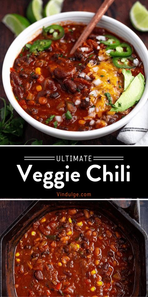 Award Winning Vegetarian Chili, Vegitaren Chili Recipes, Vegetarian Chili Stovetop, Vegetarian Chilli Recipes, Chili With Veggies, Chili Recipe Vegetarian, Vegetarian Chilli Con Carne, Meatless Chili Recipe, Veggie Chili Recipe