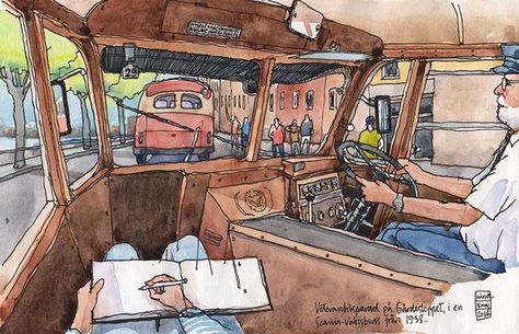 Vintage car parade from inside a Scania-Vabis bulldog bus from 1938 | por nina drawing Nina Johansson, Bus Drawing, Children's Book Characters, Art Plan, Outdoor Artwork, Moleskine Art, Sketches Of Love, Artist Journal, Urban Sketchers