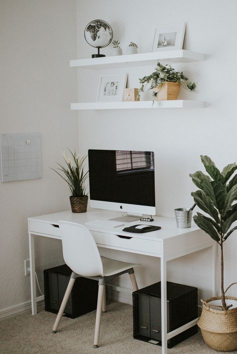 How to Create a Cozy Workspace in Your Bedroom - Living in Color Room With Workspace, Minimalist Bedroom With Workspace, White Desk In Living Room, White Working Desk, Workstation In Bedroom Ideas, Office Ideas White Desk, White Office Desk Workspace Inspiration, Minimal White Desk, Cozy Bedroom Minimal