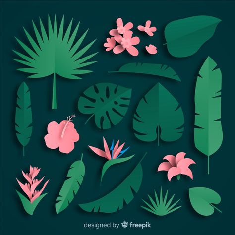 Layered Paper Art Template Free, Diy Tropical Flowers, Flat Paper Flowers, Paper Tropical Leaves, Tropical Flowers Illustration, Tropical Leaves Illustration, Construction Paper Crafts, Flower Cut Out, Paper Cutout Art