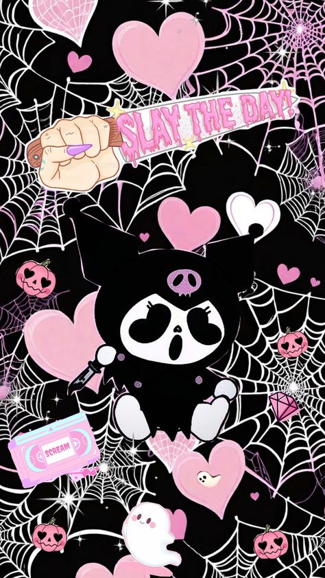 #kuromi #kuromiwallpaper #hellokitty #hellokittyaesthetic #spooky #spookyhalloween #pinkhalloween #cutehalloween #halloweenwallpaper #pinkaesthetic #pinkwallpaper #pinkandblack #halloween #scream Hello Kitty With Kuromi, Kuromi Grunge Wallpaper, Halloween Wallpaper Kuromi, Kuromi Wallpaper Halloween, Christmas Kuromi Wallpaper, Spooky Hello Kitty Wallpaper, Wallpaper Backgrounds Goth, Kuromi Halloween Wallpaper, Cute Kuromi Wallpaper