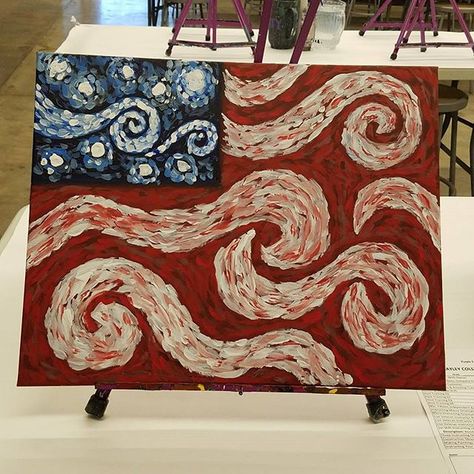 Home of the #free because of the #brave. Van gogh Starry night art paint glad u.s. flag ______________________________________ #memorialday2016 #memorialday #thankyou #memorial #sacrifice #honor #painting #canvas #art #aaricksart #acrylic #neverforget #thankful #america #americanflag #vangogh #starrynight #redwhiteandblue #red #white #blue #usa #usmc #usnavy #usaf #uscg #usarmy Starry Night Art, Patriotic Pictures, Patriotic Art, Flag Painting, Flag Art, Canvas Painting Diy, Paint And Sip, Night Painting, Art Party