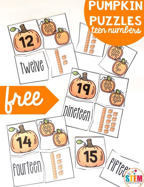 Halloween Math Games 1st Grade, Fall Math Games First Grade, Kindergarten Math Puzzles, Teen Numbers Kindergarten Activities, Fall Math Craft, Pumpkin Addition, Teen Number Activities, Bulletin Boards For School, Boards For School