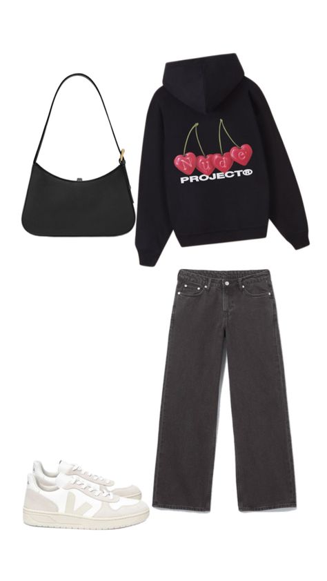 Elevate your everyday look with this effortlessly cool street style ensemble. Featuring a bold black hoodie from Nude Project with a playful cherry graphic, paired with relaxed fit charcoal jeans for the perfect casual vibe. Complete the look with Veja sneakers for a touch of eco-friendly fashion, and a sleek black shoulder bag to keep it all stylish and functional. Ideal for a laid-back day out or a chic weekend look! #StreetStyle #CasualOutfit #NudeProject #Veja #OOTD #FashionInspo #PinterestFashion #Chic Casual Chic Street Style, Charcoal Jeans, Nude Project, Cherry Graphic, Cool Street Style, Veja Sneakers, Hoodie Outfit, Pinterest Fashion, Eco Friendly Fashion