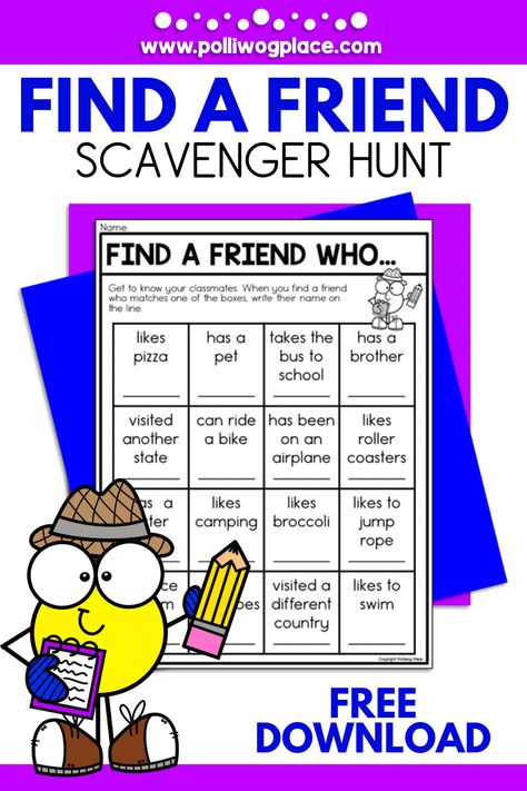 Free Find a Friend Scavenger Hunt for back to school. Help students get to know their classmates during the first days of school. Kindness Scavenger Hunt School, New Friend Scavenger Hunt, Getting To Know You Scavenger Hunt, Classmate Scavenger Hunt, Get To Know You Scavenger Hunt, Scavenger Hunt Ideas For School, Back To School Scavenger Hunt Elementary, Social Skills Scavenger Hunt, First Day Of School Get To Know You Game