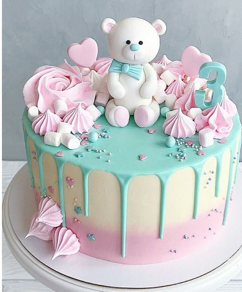 Torturi Baby Shower, Teddy Cakes, Baby Shower Cakes Girl, Teddy Bear Cakes, 1st Birthday Cakes, Baby Birthday Cakes, Pretty Birthday Cakes, Cute Birthday Cakes