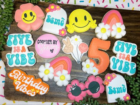 Smiley Face Birthday Cookies, Seven Is A Vibe Birthday Party, Five Is A Vibe Cake Ideas, Vibing Thriving And Three Birthday, 5 Is A Vibe Cookies, Five Is A Vibe Cupcakes, 5 Is A Vibe Cupcakes, 5 Is The Vibe Birthday, 8 Is A Vibe Birthday