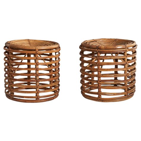 A pair of rattan or bamboo stools designed and produced by Tito Agnoli, Italy, 1960s. Bamboo Stool Design, Stools Design, Bamboo Stool, Tito Agnoli, Rattan Stool, Stool Design, Exhibition Design, Stools, 1960s