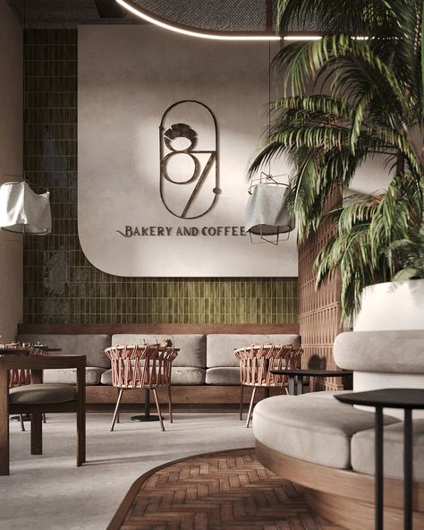 87' Bakery & Coffee on Behance Bars Restaurants Design, Bakery Restaurant Interior, Restaraunt Interior Design, Cafe Design Behance, Green Interior Aesthetic, Elegant Bar Design, Coffee Shop Architecture, Healthy Restaurant Design, Coffee Design Ideas