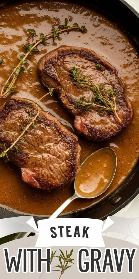 Easy Steak with Gravy! Elevate your dinner game with this simple yet flavorful steak and gravy recipe! Juicy steak cooked to perfection, drenched in a mouthwatering homemade gravy. Steak Sauces Recipes Easy, Gravy For Steak, Steak Sauce Easy, Round Steak Gravy, Steak Gravy Recipe, Steak And Gravy Recipe, Steak Gravy, Steak With Gravy, Deer Steak